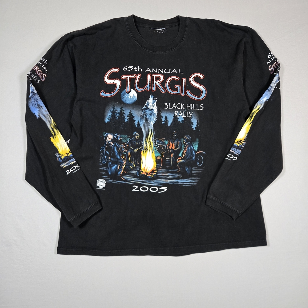 VINTAGE 2005 65th Sturgis Black Hills Harley Rally Long Sleeve AOP Biker T-Shirt